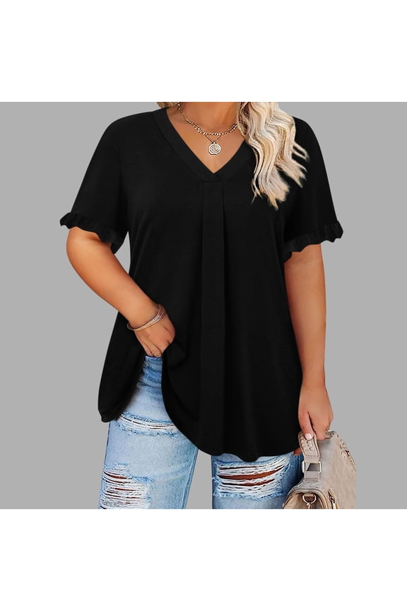 Womens Plus Size Tops Casual Solid Color Short Sleeve Flounce Sleeve Flutter Sleeve V Neck Blouses