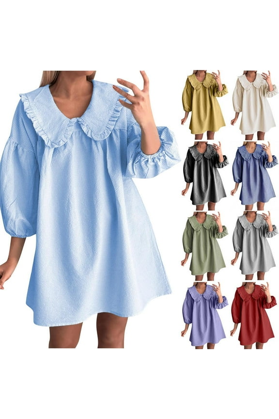 Womens Short Sleeve Dresses 3/4 Puff Sleeve Checkered Collar Mini Collar Flowy Dress