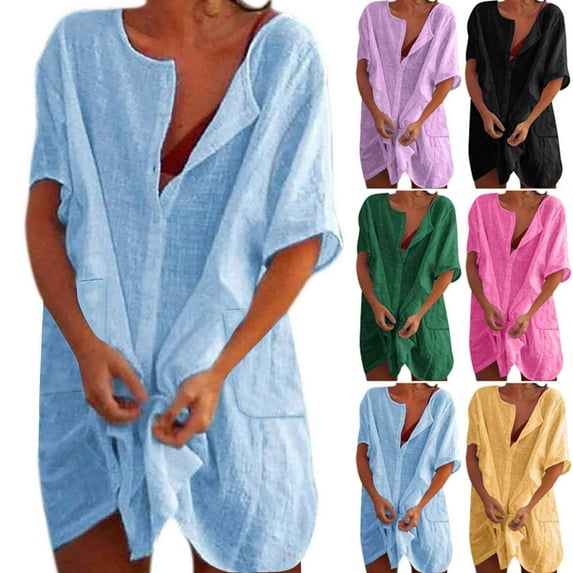 YHAJDS Womens Short Sleeve Dresses Solid Color Button Down Round Neck with Pockets