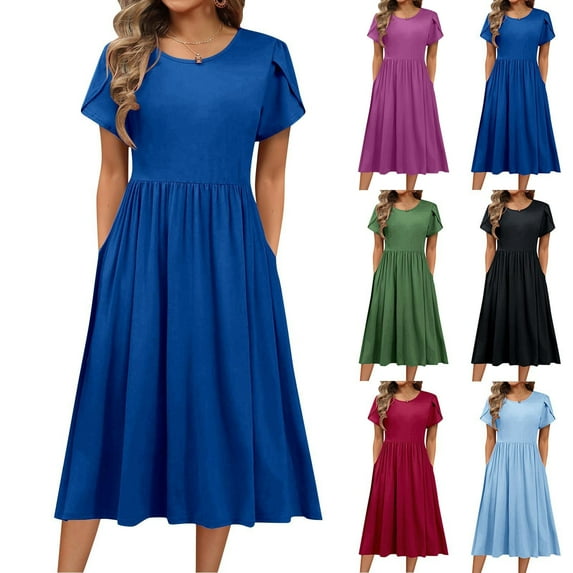 YHAJDS Womens Short Sleeve Round Neck Dress Solid Color Loose Slit Pocket T Shirt
