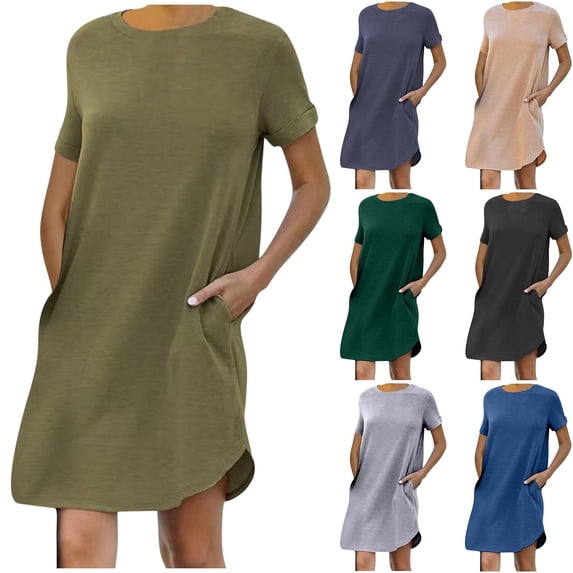 YHAJDS Womens Short Sleeve Round Neck Dress Solid Color Roll Up Sleeve Pocket Tee