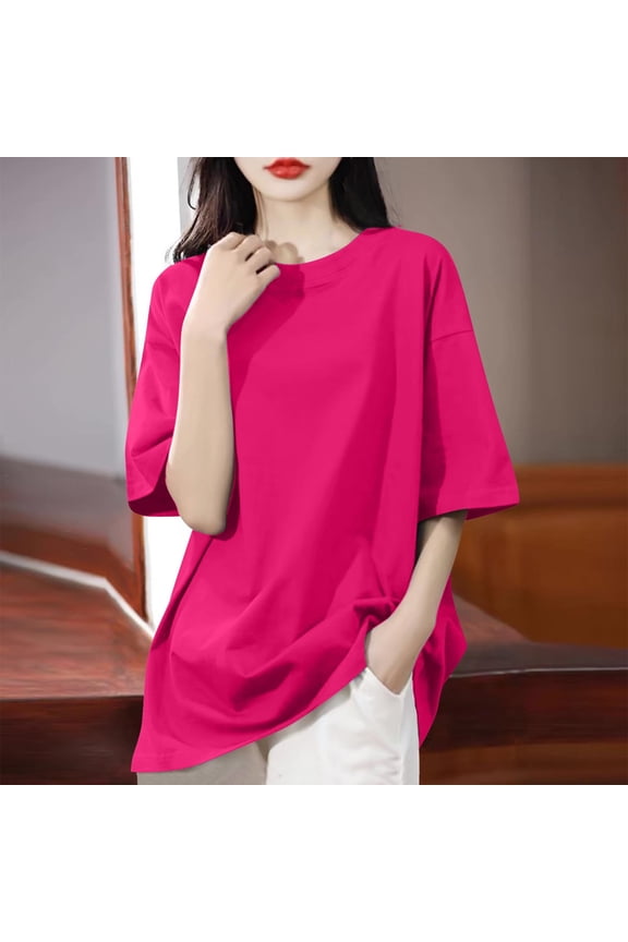 Womens Short Sleeve T Shirts Oversized Round Neck Drop Shoulder Loose Solid Color Blouse