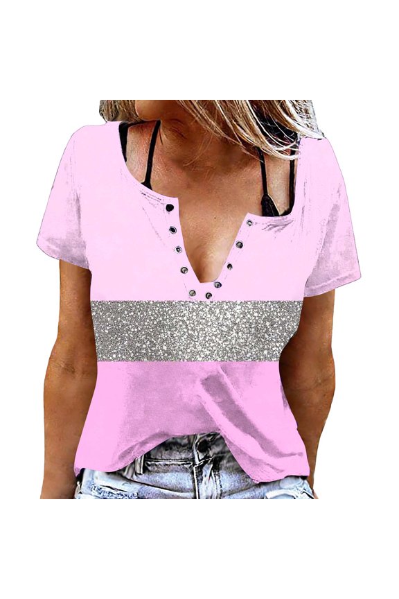Womens Short Sleeve Tshirts T Shirts for Women Round Neck Snap Button Closure All Over Print Casual Tee