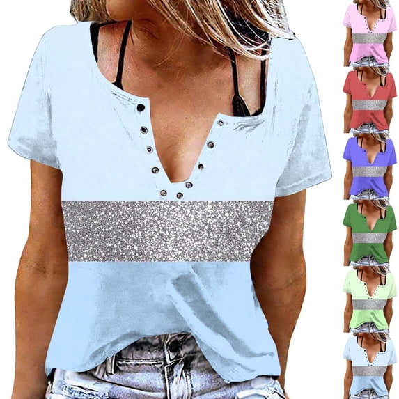 YHAJDS Womens Short Sleeve Tshirts T Shirts for Women Round Neck Snap Button Closure All Over Print Casual Tee