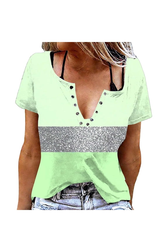 Womens Short Sleeve Tshirts T Shirts for Women Round Neck Snap Button Closure All Over Print Casual Tee