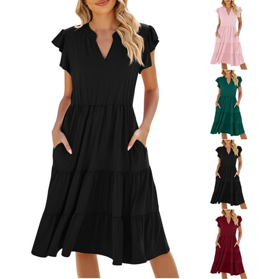 YHAJDS Womens Short Sleeve V Neck Dress Solid Color Flounce Sleeve Patchwork Flare Pocket Dress