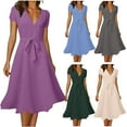 thumbnail image 1 of YHAJDS Womens Short Sleeve V Neck Knee High Dress Solid Color Bodycon Night Out, 1 of 5