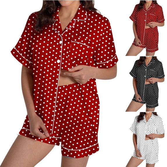 YHAJDS Womens Sleep Shirts for Women Print Short Sleeve Collared Shirt with Pocket Short Pants Sleepwear 2 Piece Set