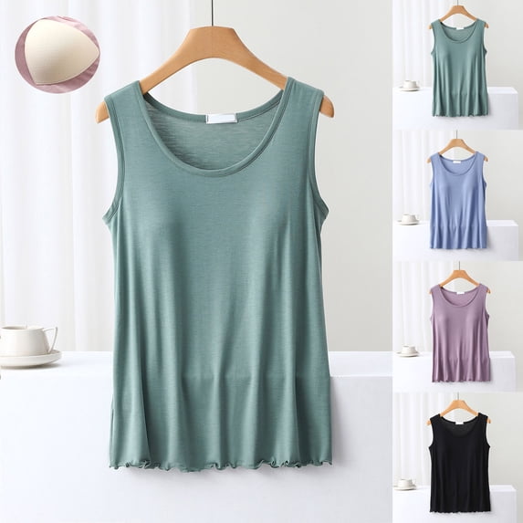 YHAJDS Womens Sleep Tank Top Sleeveless Solid Color Built In Bra Camisole Pajama Top