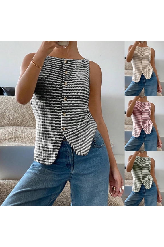 Womens Sleeveless Sweater Vest Stripe Knit Button Detail Round Neck Casual Lightweight Pullover Cami