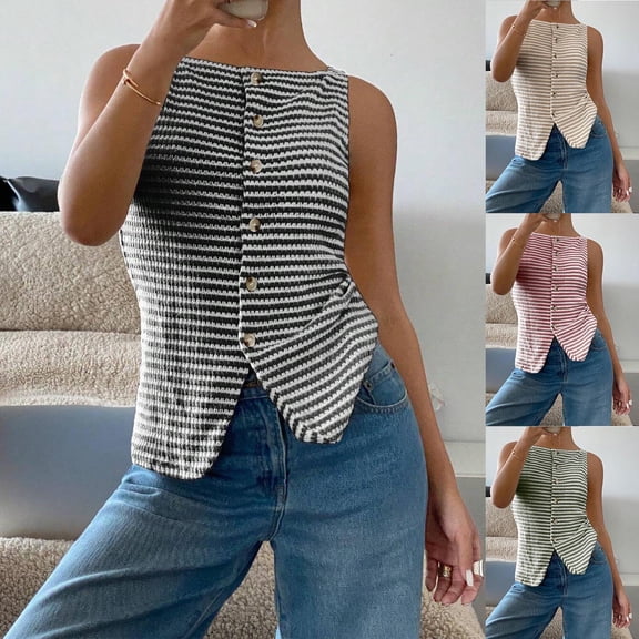 YHAJDS Womens Sleeveless Sweater Vest Stripe Knit Button Detail Round Neck Casual Lightweight Pullover Cami