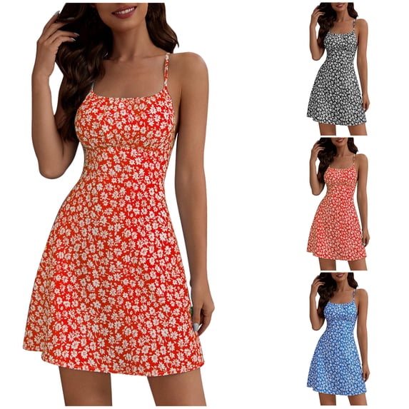 YHAJDS Womens Spaghetti Strap Dress Floral Print Backless Short Summer Sundress