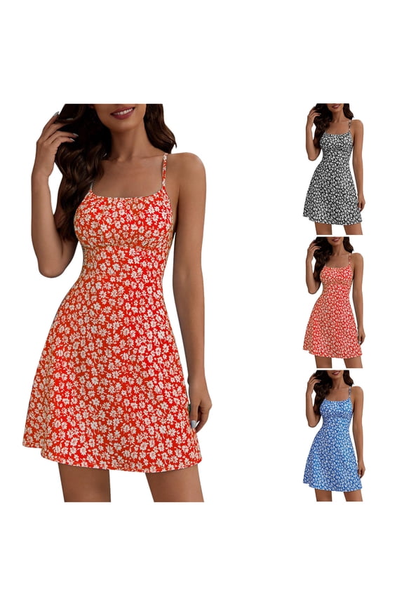 Womens Spaghetti Strap Dress Floral Print Backless Short Summer Sundress