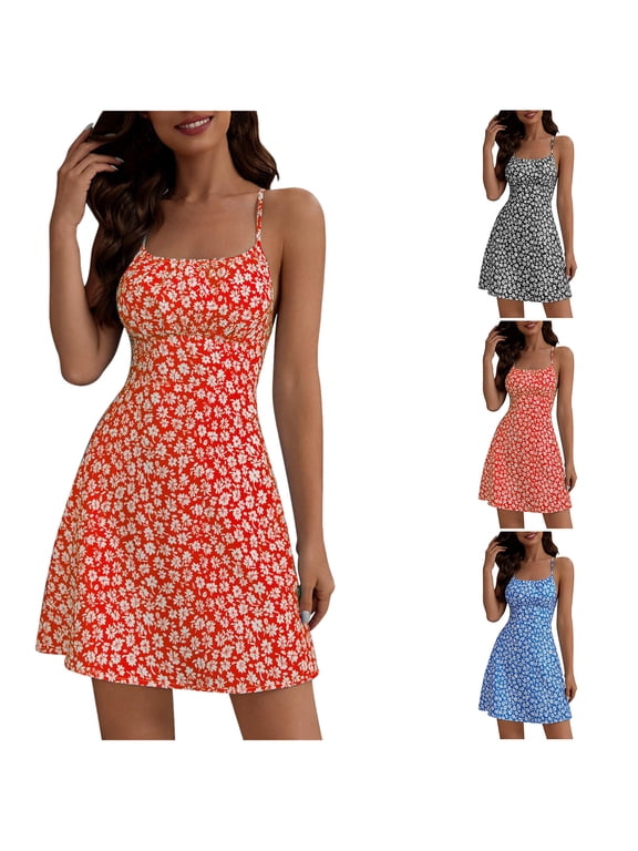 Womens Spaghetti Strap Dress Floral Print Backless Short Summer Sundress