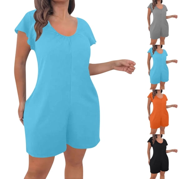 YHAJDS Womens Summer Jumpsuits Short Sleeve Pockets Loose V Neck Casual Rompers Daily