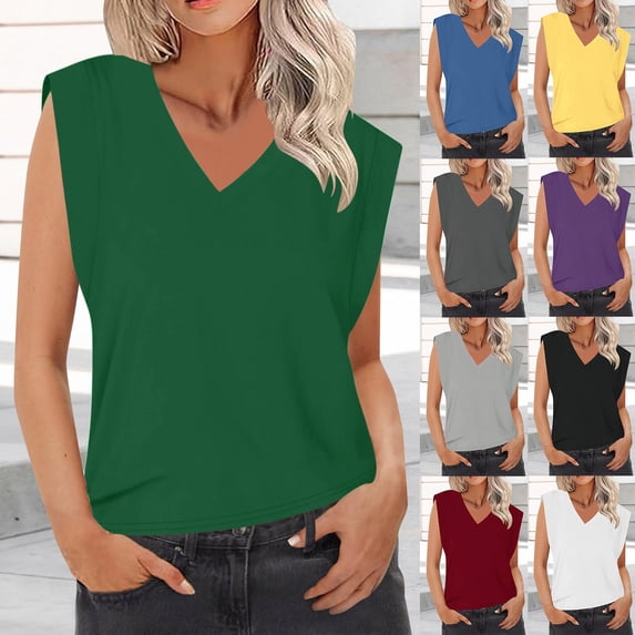 YHAJDS Womens Summer Tank Tops Sleeveless Casual Shirts Solid Color V Neck Loose Relaxed Sleeveless Blouse