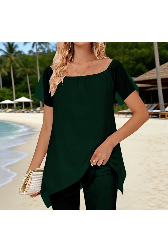 Womens Summer Tops Short Sleeve One Shoulder Chiffon Asymmetrical Hem Blouses