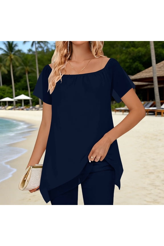 Womens Summer Tops Short Sleeve One Shoulder Chiffon Asymmetrical Hem Blouses