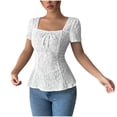 thumbnail image 1 of YHAJDS Womens Summer Tops Short Sleeve Round Neck Lace Bow Detail Solid Color Casual Blouse, 1 of 4
