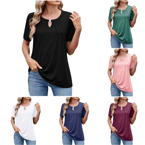 YHAJDS Womens Summer Tops Short Sleeve Round Neck Loose T Shirt With Keyhole Detail Casual Tee