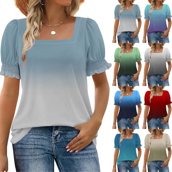 YHAJDS Womens Summer Tops Short Sleeve Square Neck Ombre Print Lace Trim Casual Tee