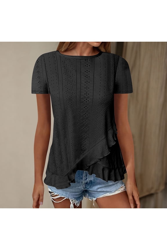 Womens Summer Tops T Shirts for Women Short Sleeve Solid Color Round Neck Asymmetric Hem Lace Detail Tee