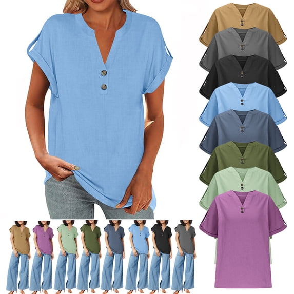 YHAJDS Womens T Shirt Fashion Solid Color Button V Neck Loose T Shirt Casual Spring Summer Shirts Womens Tops