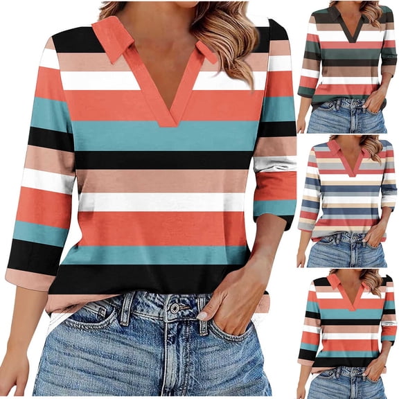 YHAJDS Womens T Shirt Floral Print V Neck Lapel 3/4 Sleeves Ample Spring Summer Casual Blouses