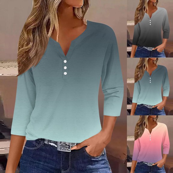 YHAJDS Womens T Shirt Solid Color Button 3/4 Sleeve V Neck Spring Summer Casual Loose Top