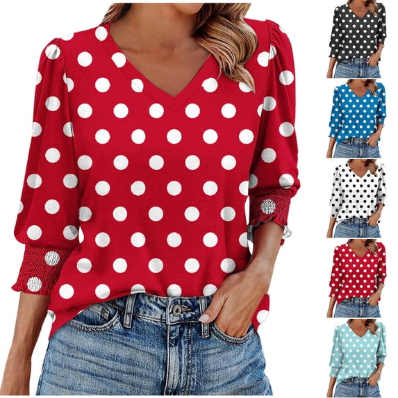 YHAJDS Womens T Shirt Solid Color Printed 3/4 Sleeve Elastic Cuff V Neck Spring Summer Casual Loose Top