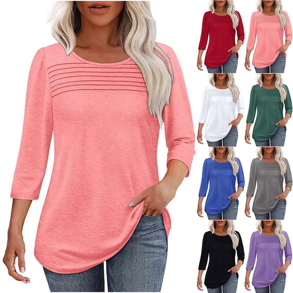 YHAJDS Womens T Shirt Solid Color Round Neck 3/4 Sleeve Spring Summer Relaxed Daily Top