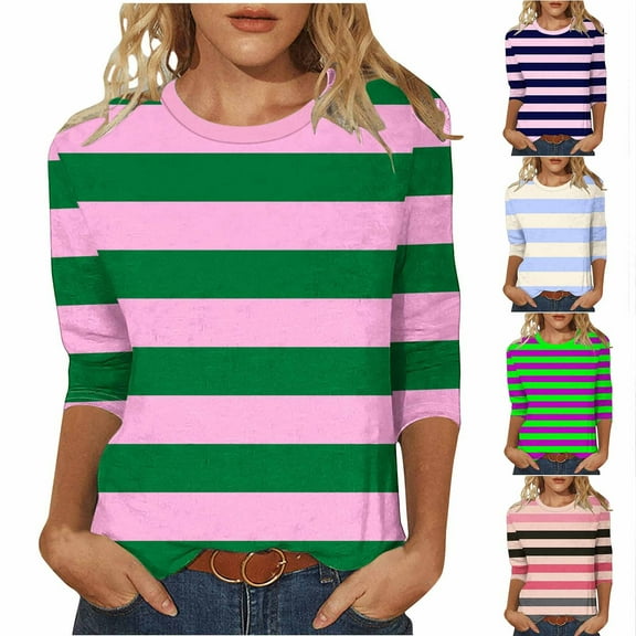 YHAJDS Womens T Shirt Stripe Crew Neck 3/4 Sleeves On Roomy Spring Summer Casual Tops
