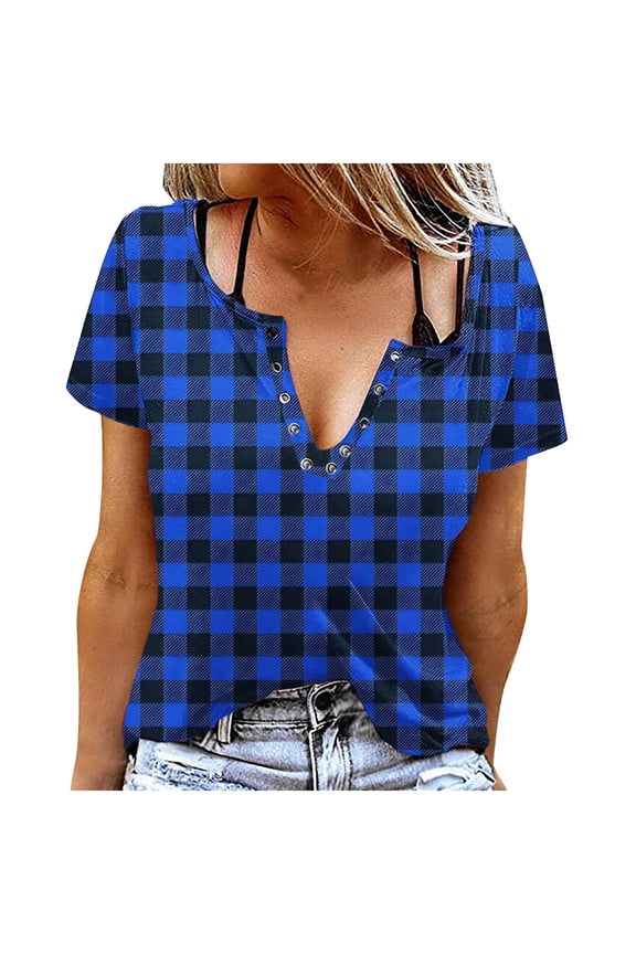 Womens T Shirts Basic Tops for Innerwear or Summer T Shirts Short Sleeve Plaid Print Round Neck Snap Button Casual Tee