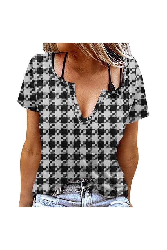 Womens T Shirts Basic Tops for Innerwear or Summer T Shirts Short Sleeve Plaid Print Round Neck Snap Button Casual Tee