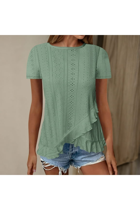 Womens T Shirts Blouses for Women Short Sleeve Round Neck Solid Color Irregular Hem Lace Trim Casual Tee
