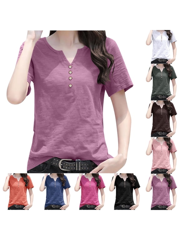 Womens T Shirts Casual Relaxed Solid Color V Neck Pullover Short Sleeve Tee Tops for Women