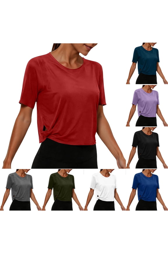 Womens T Shirts Casual Solid Color Sport Side Cut Out Round Neck Short Sleeve Fashion Top