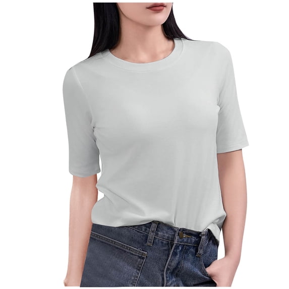 YHAJDS Womens T Shirts Short Sleeve 5 Point Sleeve Round Neck Stretch Solid Color Home Top