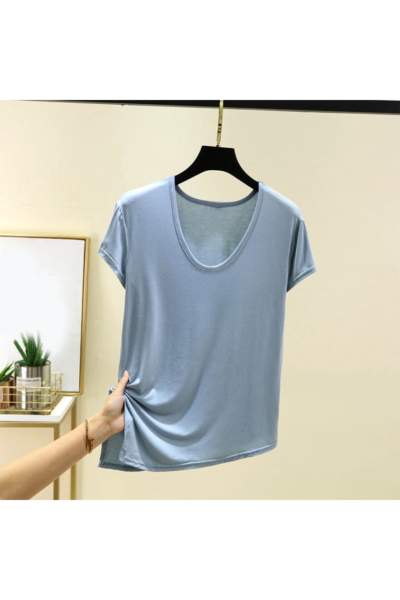 Womens T Shirts Short Sleeve Round Neck Asymmetric Hem Slit Side Solid Color Home Tee