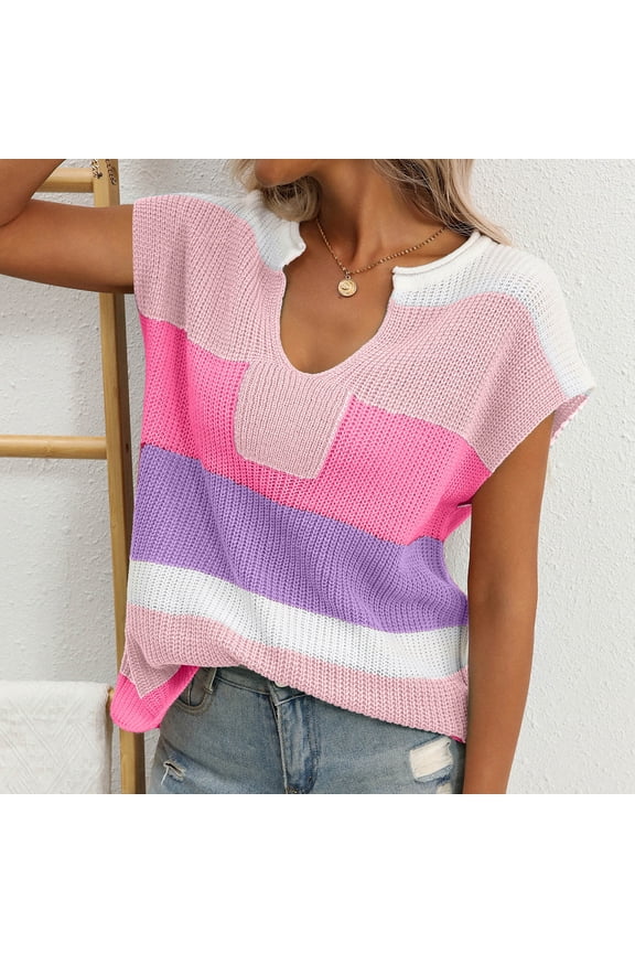 Womens T Shirts Short Sleeve U Neck Solid Color Knit Color Block Casual Blouses