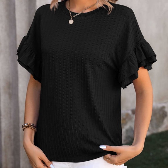 YHAJDS Womens T Shirts Solid Color Round Neck Sleeve Tee Casual Spring Top