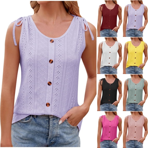 YHAJDS Womens Tank Tops Spring Fashion Outfits Button Detail Round Neck Side Sleeveless Loose Blouse Cami