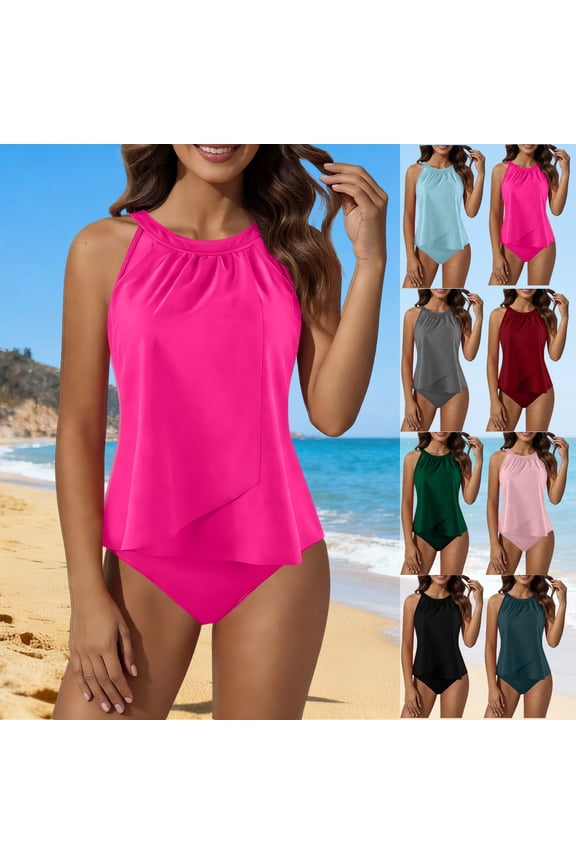 Womens Tankini 2 Piece Modest Swim Set Padded Tank Top With Bottoms