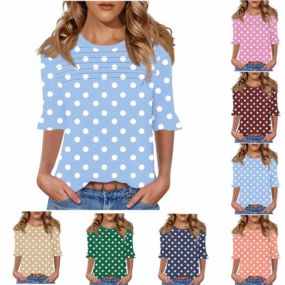 YHAJDS Womens Tops Short Sleeve Round Neck Blouse With Abstract Print Flounce Sleeve And Ribbed Detail