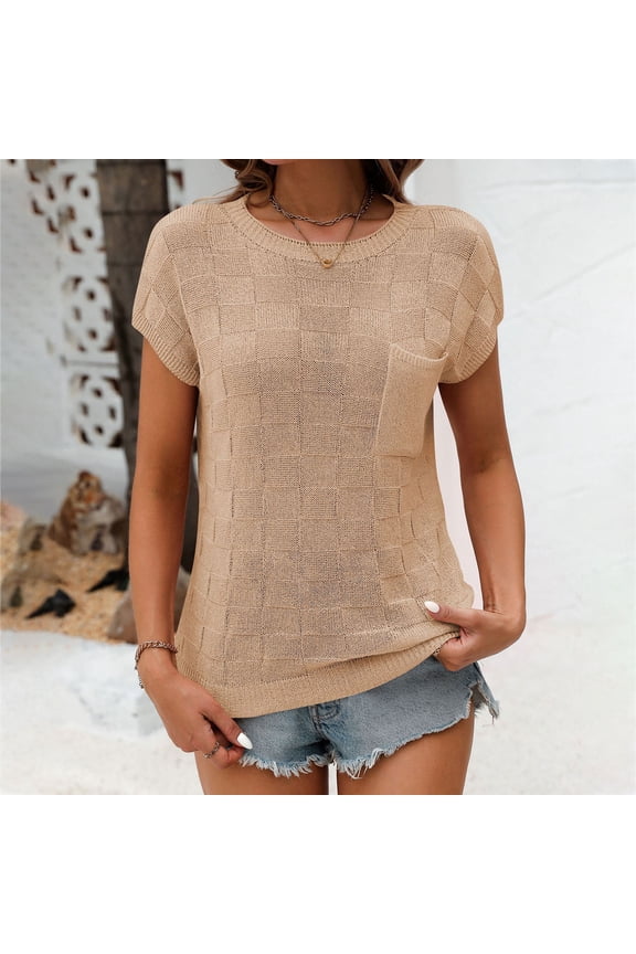 Womens Tops Short Sleeve Round Neck Check Pocket Detail Solid Color Knit Top
