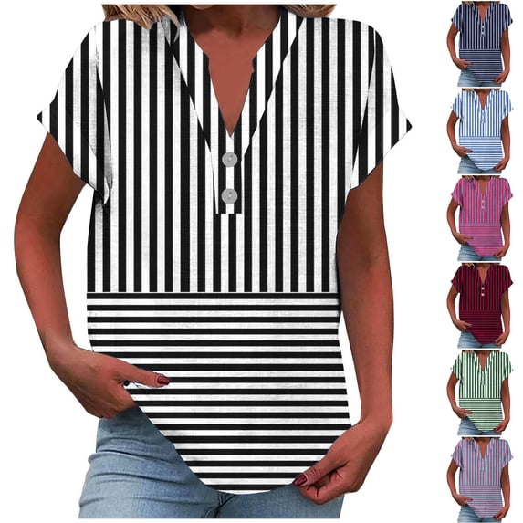 YHAJDS Womens Tops Short Sleeve V Neck Button Front Casual Blouse Linen Like Striped Print