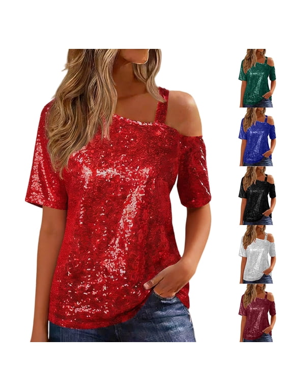 Womens Tops Sleeveless Solid Color Sequin Patchwork One Shoulder Casual Blouses