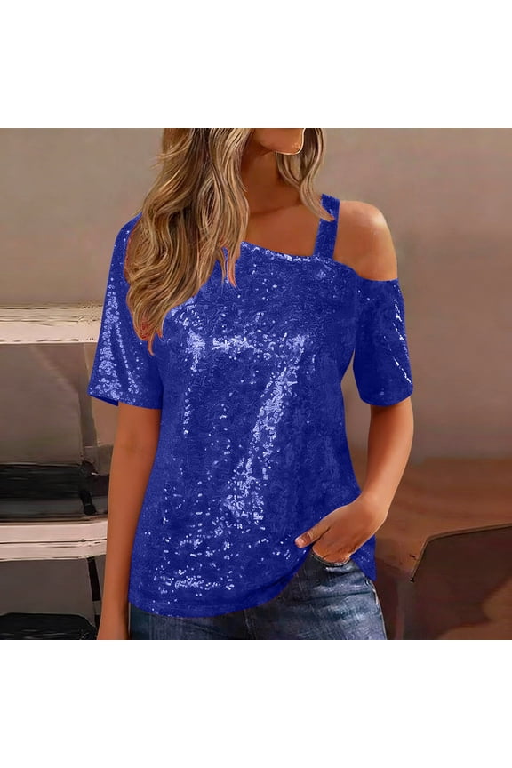 Womens Tops Sleeveless Solid Color Sequin Patchwork One Shoulder Casual Blouses