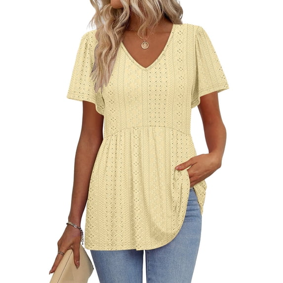 YHAJDS Womens Tops Solid Color Royal Lock Hollow Out Short Sleeve Round Neck Casual Shirt Blouses