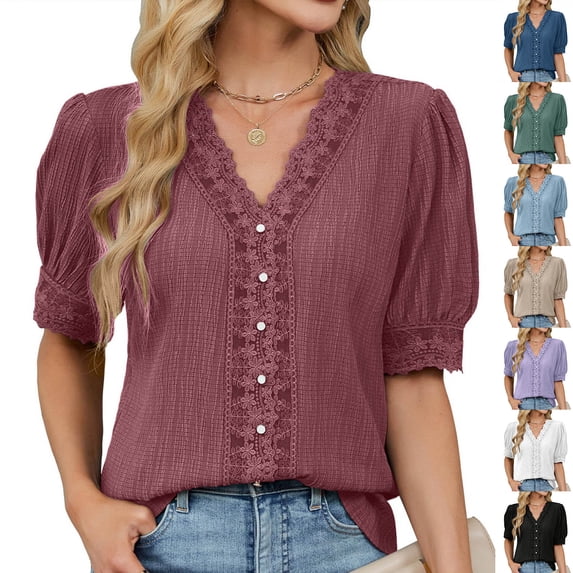 YHAJDS Womens Tops T Shirts for Women Short Sleeve Solid Color Lace Trim Bohemian Style Flounce Ruffle Top